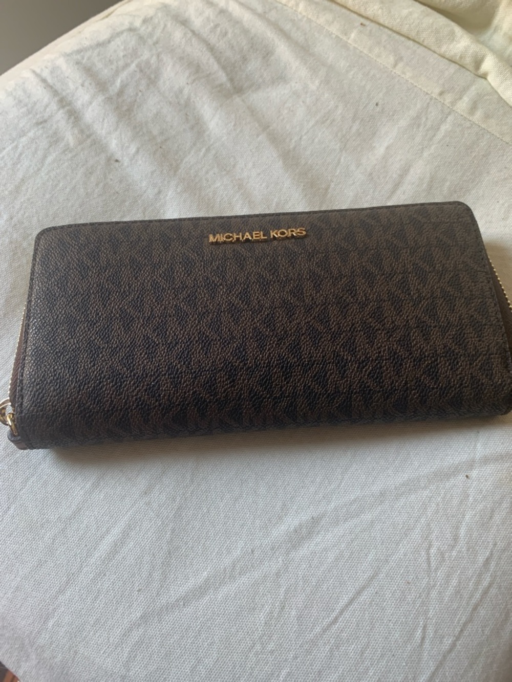 Michael Kors Dark Brown Signature Zip Wallet with Gold Logo